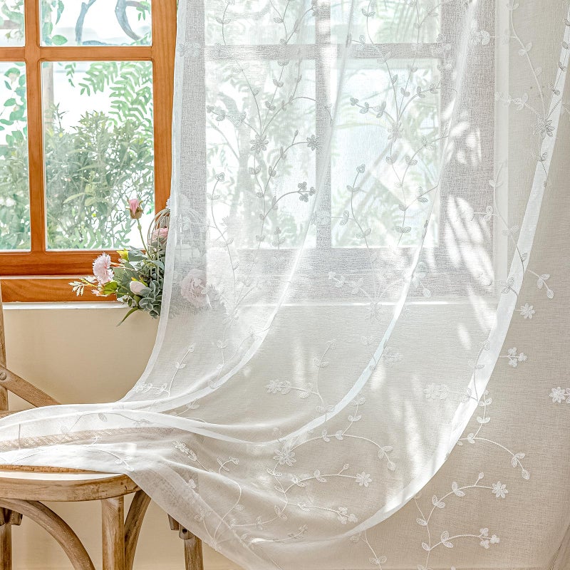 AmHoo 2 Panels Leaf Flora Embroidered Farmhouse Semi Sheer Curtain Voile Curtains for Living Room Bedroom Window Treatment White 53 x 63 Inch - Image 1